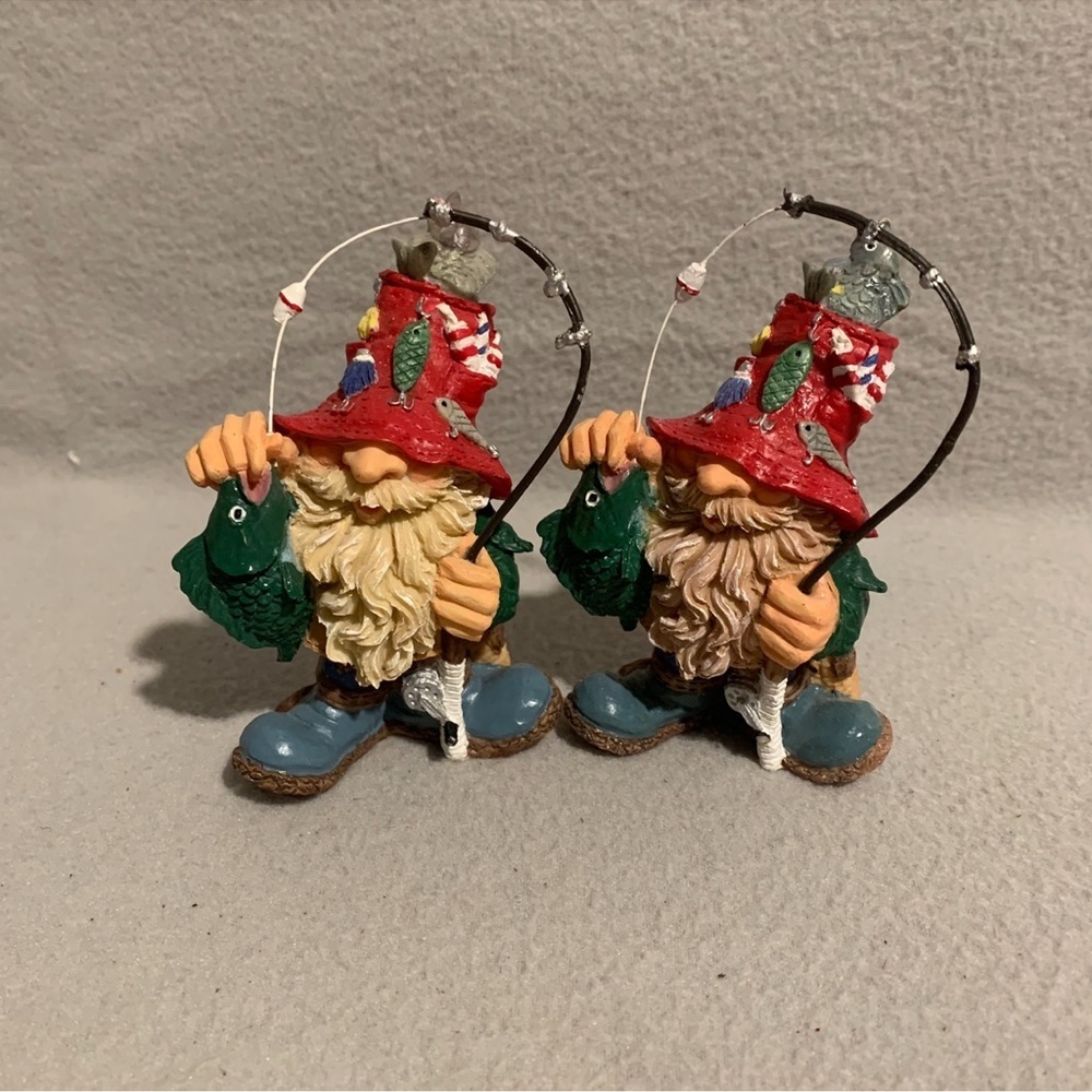 Vintage Festive Gnome Fishermen Figurines - Green and Red set of 2